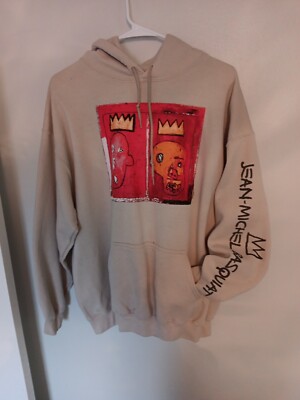 Jean -Michel Basquiat Mens Large Graphic Hoodie Biege W/red