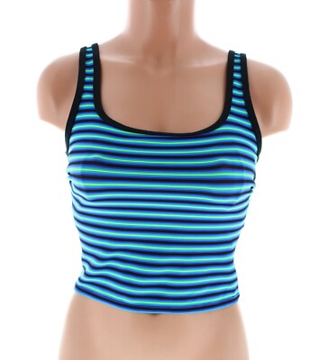 Women's Tankini Swim Top, Built in Shelf Bra, Blue Green Striped Swimsuit Tank