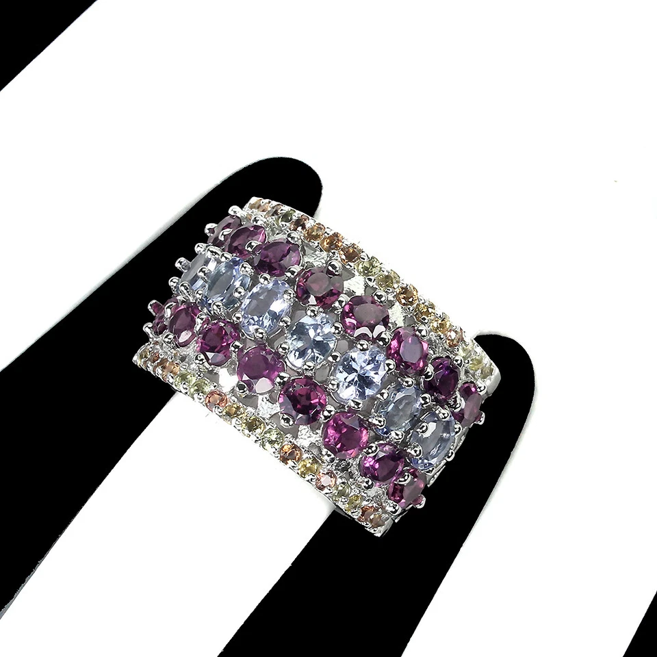 925 Anello Argento Sterling Ovale Tanzanite Rodolite Zaffiro Gemma Gioielli Sz - Immagine 3 di 4
