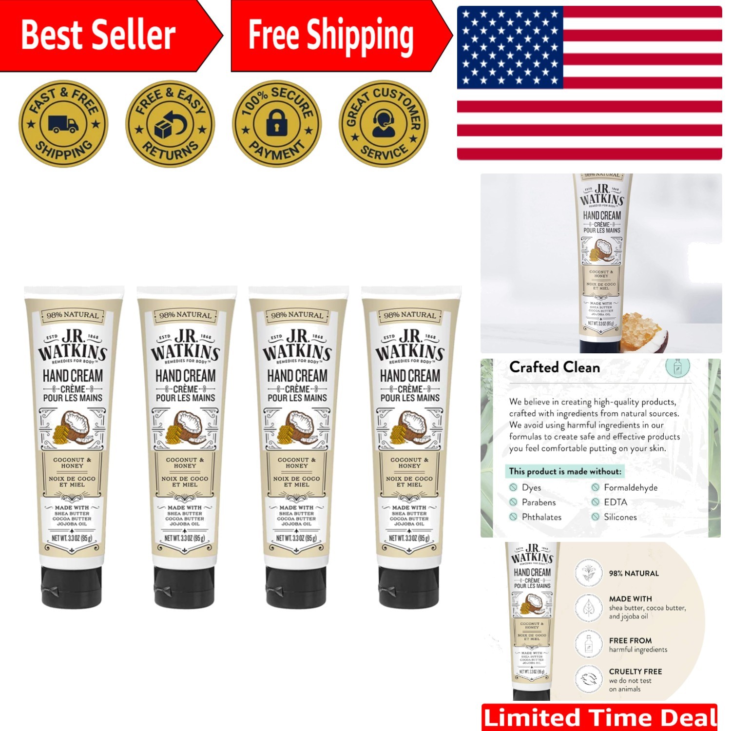 4-Pack Coconut Hand Cream, 3.3 oz - Luxuriously Nourishing Shea Butter Relief