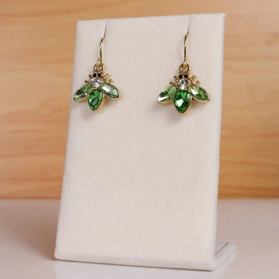 Green Crystal Bee Earrings Gold Tone Dangle Rhinestone Bee Jewelry - Image 1 of 4