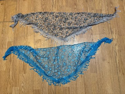NWOT SET OF 2 Embroidered Gray & Blue  Floral Lace Triangle Scarves