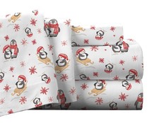 Pointehaven Flannel Deep Pocket Set Oversized Flat Sheet Queen Penguin