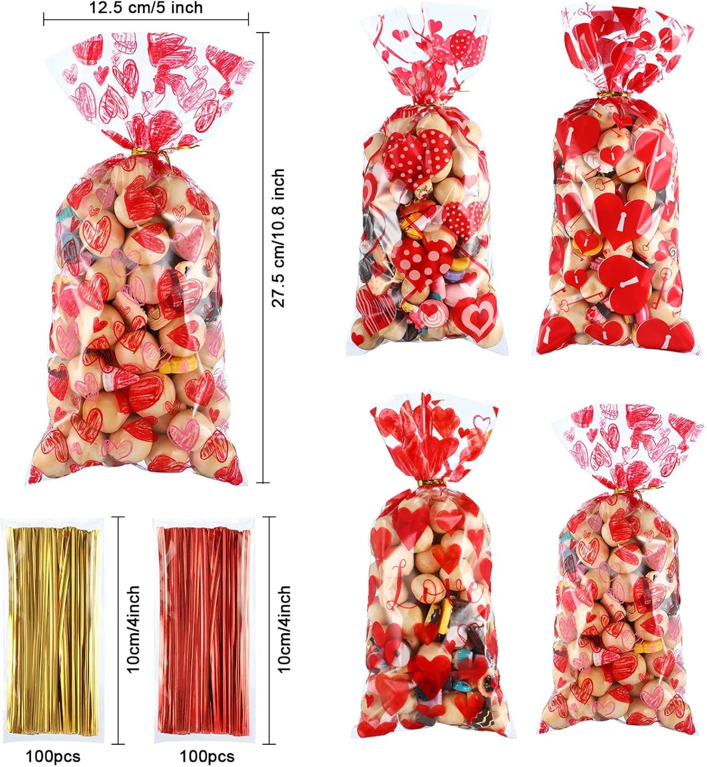 Blulu 100 Pieces Valentines Party Treat Bags Mixed Heart Print Clear, Red 