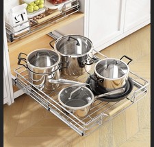14 Pull Out Cabinet Organizer White Wire Basket Wood Handle New Open Box