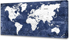 WK10175 Vintage World Map Wall Art, Navy Blue and White Map of the World Canvas