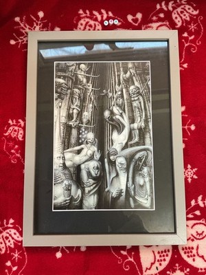 Vintage gerahmter H R GIGER BIOMECHANIK, 1970er SELTEN DELUXE GERAHMTER KUNSTDRUCK OOAK