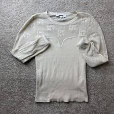 DKNY Sweater Womens Large White Crew Neck Open Knit Logo Pullover Sheer