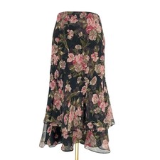 VTG Lauren Ralph Lauren Romantic Black Floral Chiffon Ruffle Midi Skirt Sz 14 L