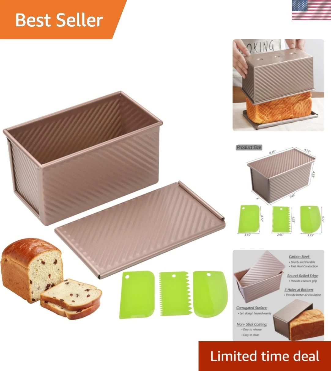 Pullman Loaf Pan with Lid, 1Pound Dough Capacity Rectangular Bread Pan, Non-S...