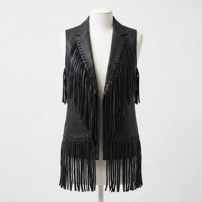 Women Black Suede Leather Fringe Long Vest Western Boho Cowgirl Festival Coat
