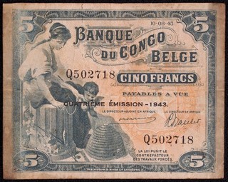 Belgisch Kongo 5 Francs 1943 Vierte Ausgabe P 13Ab (N2406) BA La