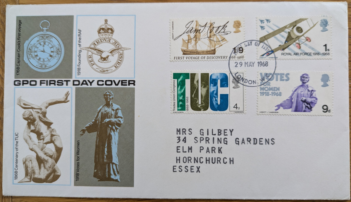 1968 FDC TUC-RAF-Votes for Women-Captain Cook LONDON FDI Insert