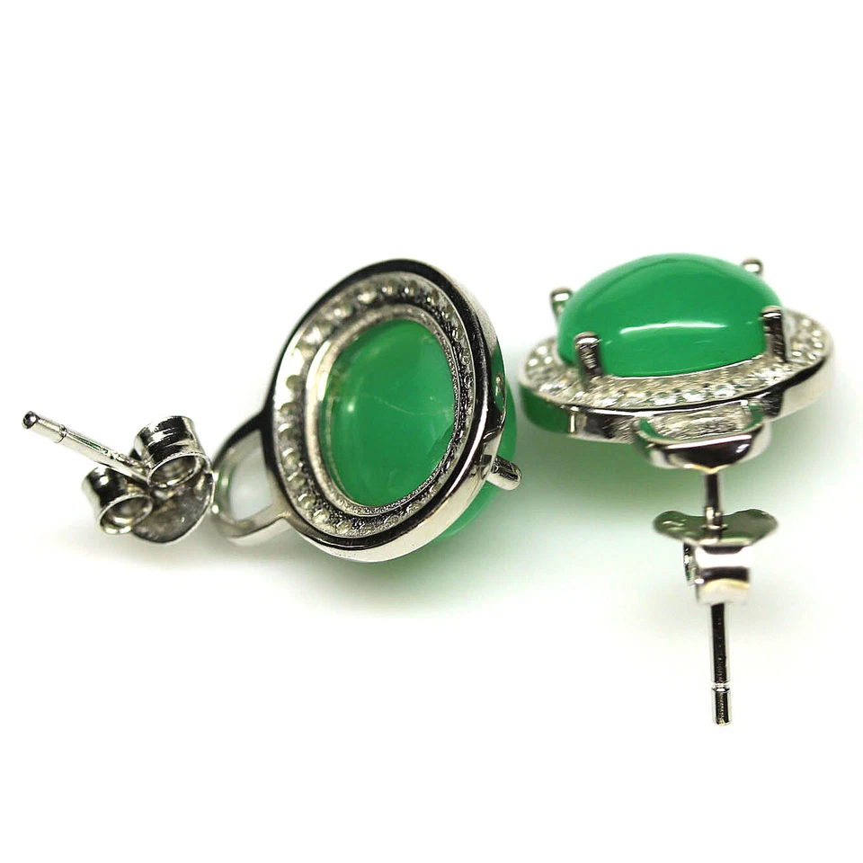Plata de ley 925 8 x 9 mm. Pendientes de crisoprasa verde y circón de oro blanco  Foto 3 de 4