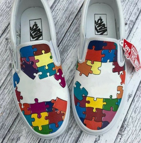 Vans Slip On Senza Lacci bianche.Puzzle vans.Puzzle colorato. Sneakers.  handmade | eBay