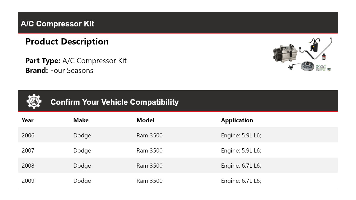 For 2006-2009 Dodge Ram 3500 A/C Compressor Kit 4 Seasons 2007 2008