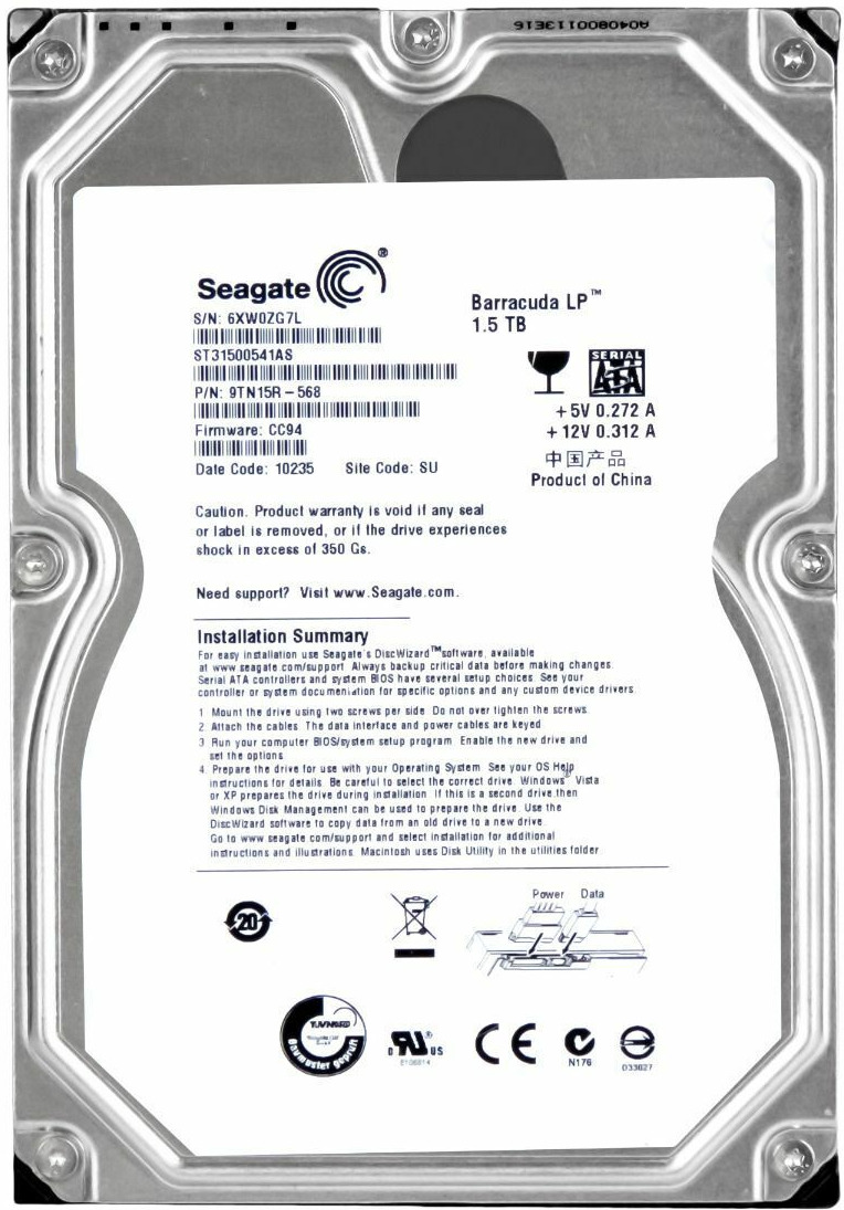 Hard Drive Seagate Barracuda LP 1.5TB ST31500541AS 5900U/Min 32MB SATA II 3.5