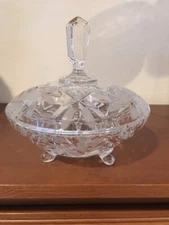 Clear Crystal Etched Saw Tooth 3 Footed Candy/Compote Dish w/Lid MINT 