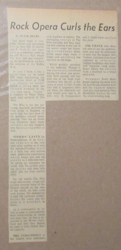 1969 THE WHO Tommy Rock Opera BAD REVIEW Clipping 5.5x11" VG/FN 5.0