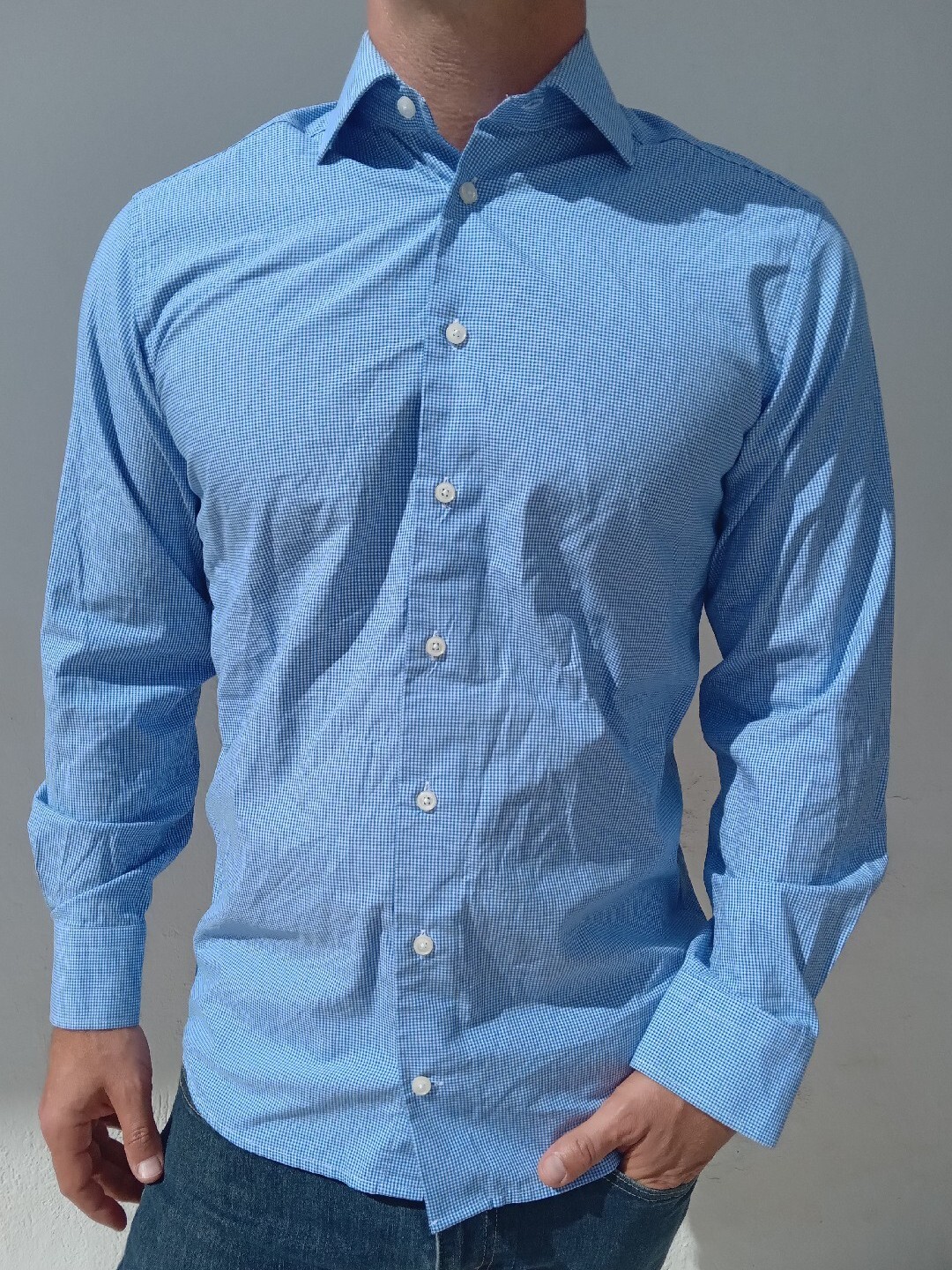 FILA Camicia bianca e blu Hardy Aimes Saville Row taglia 38 vintage UK prezzo disponibile £150 00