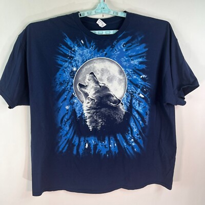 Wolf Howling At A Full Moon Big Print T-Shirt Adult Size 3XL Blue Y2K Gildan Tag