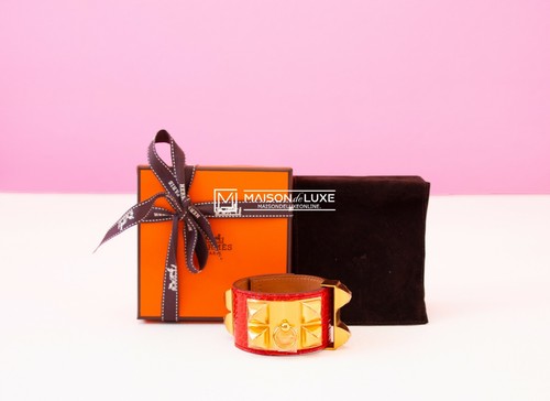 NEW Hermes 50%OFF Geranium Alligator CDC S Collier de Chien Bracelet Bangle Cuff