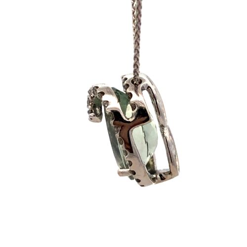 Designer SG 14K White Gold Oval Green Amethyst Diamond Swirl Pendant Necklace - Picture 6 of 11