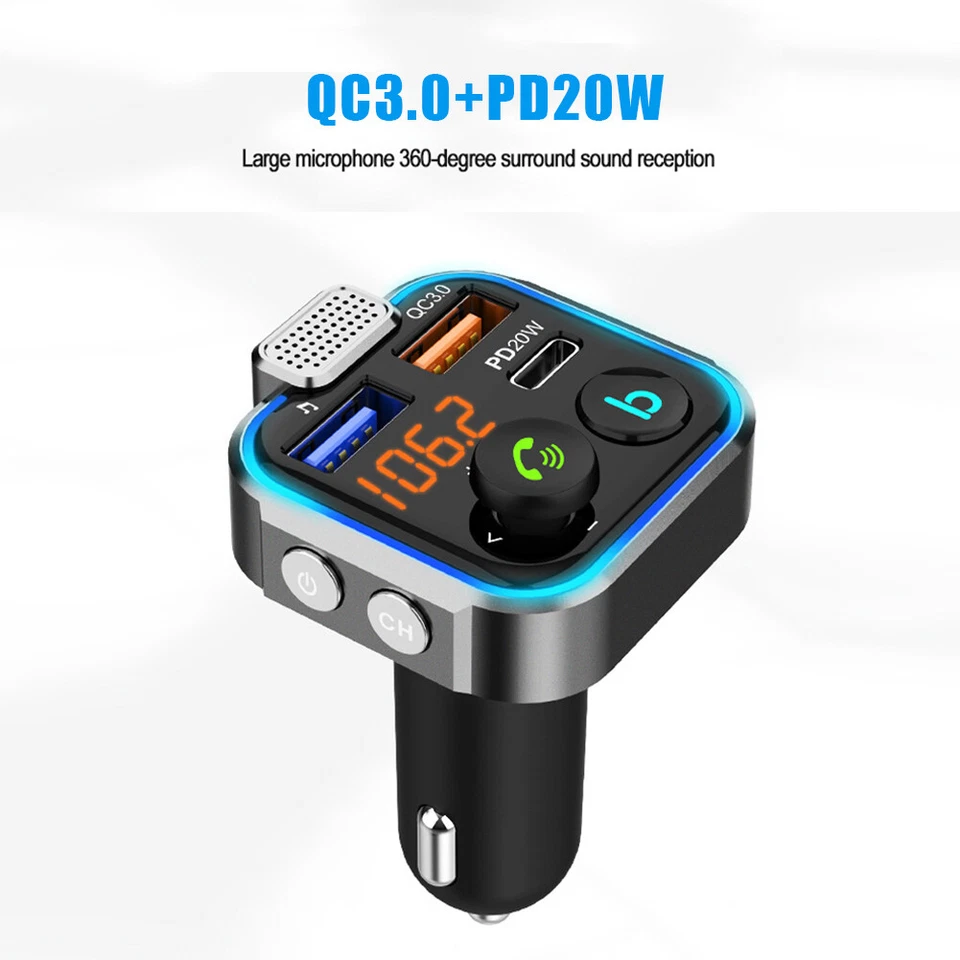 Car Wireless Bluetooth 5.0 FM Transmitter QC3.0 PD20W Charger Adapter Hands Free - Image 3 of 4