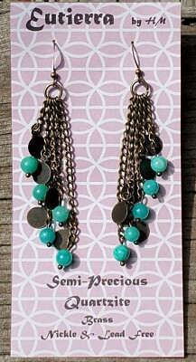 Eutierra Semi-Precious Quartzite Earrings Hand Crafted in The USA 3 1/2'' Brass 