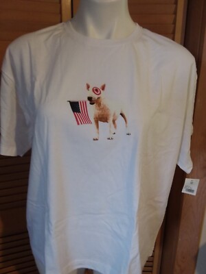 TARGET White Tee Shirt Bull's Eye Dog with USA Flag Graphic 100% Cotton Large