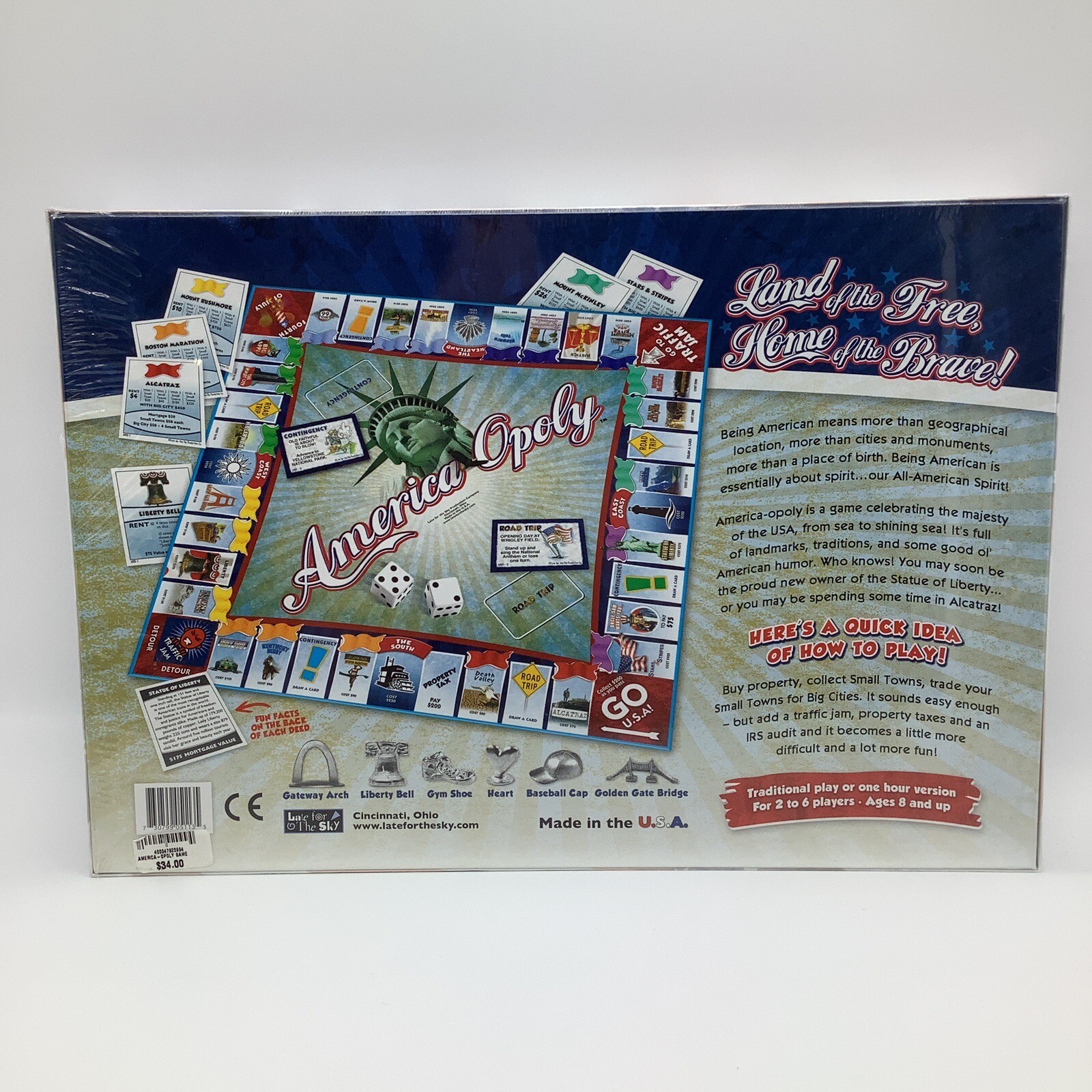 Back of America-Opoly board game box with Statue of Liberty, red-blue map, and text “Land of the Tree.”
