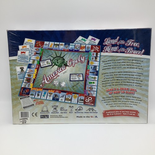 Back of America-Opoly board game box with Statue of Liberty, red-blue map, and text “Land of the Tree.”