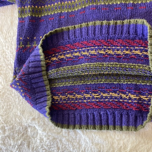 90s Fair Isle Abstract Sweater Large Purple Green Grandma Knit Pullover Women - Picture 6 of 8
