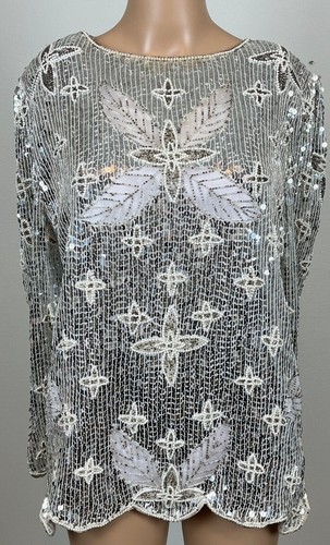 Vintage 80s Silver Sequin Silk Beaded Flower Design Top Disco Glam Shimmer Sz. M - Picture 4 of 4