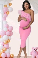 Women's Pink One Shoulder Ruffle Tulle Maternity Bodycon Midi Dress L