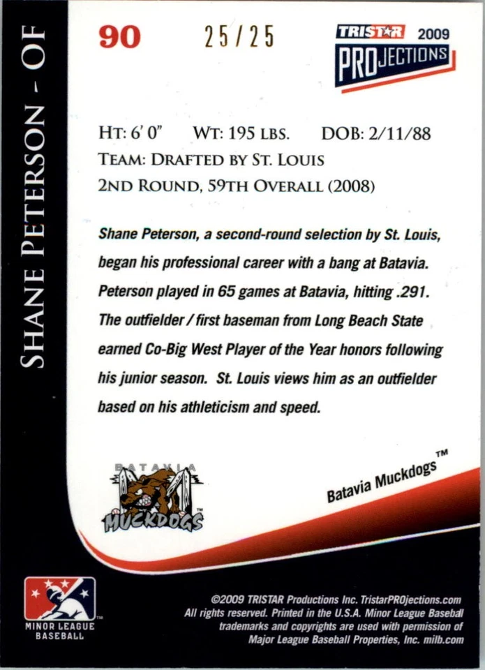 2009 TRISTAR PROjections Yellow #90 Shane Peterson /25 - BB - Image 2 of 2