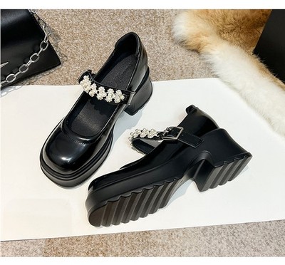 Women Pearl Buckle Mary Jane Shoes Thick-Soled Elevator Shoes High Heel Shoes