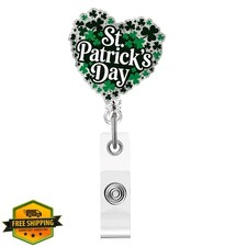 St Patricks Heart Clover Badge Reel Green Acrylic Nurse Doctor ID Clip