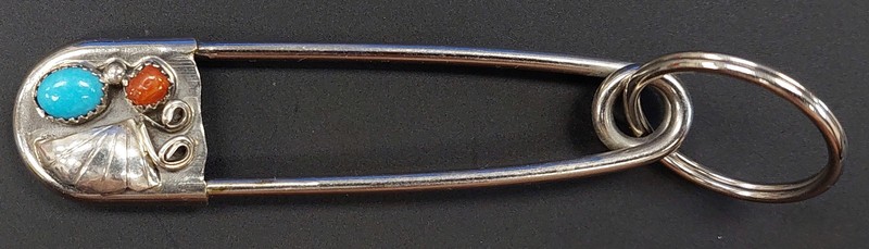 Vintage Large Safety Pin, Native American, Turquoise and Coral Keychain! 3.25".