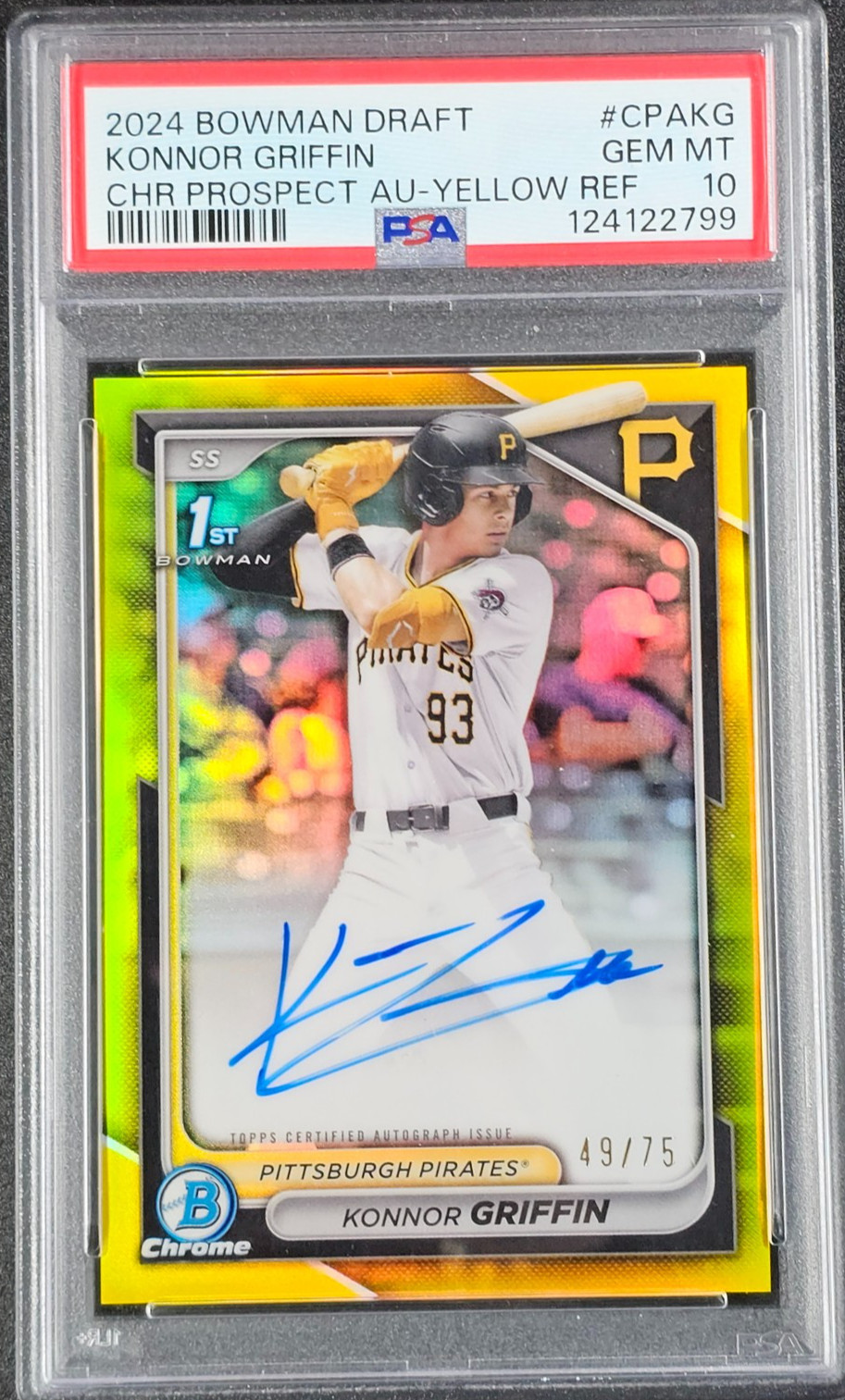 KONNOR GRIFFIN 2024 BOWMAN DRAFT CHROME 1ST AUTO YELLOW REFRACTOR /75 PSA 10