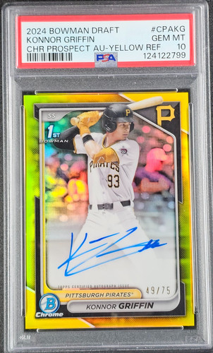 KONNOR GRIFFIN 2024 BOWMAN DRAFT CHROME 1ST AUTO YELLOW REFRACTOR /75 PSA 10
