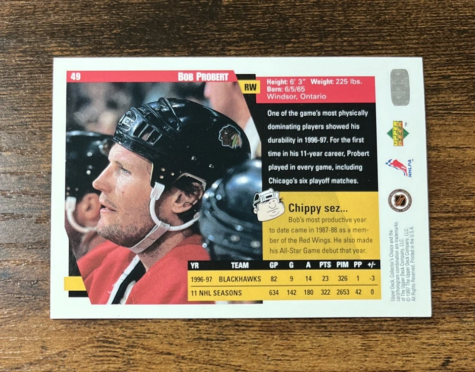 1997-98 Collector's Choice Bob Probert #49 Chicago Blackhawks Red Wings - Image 2 of 2