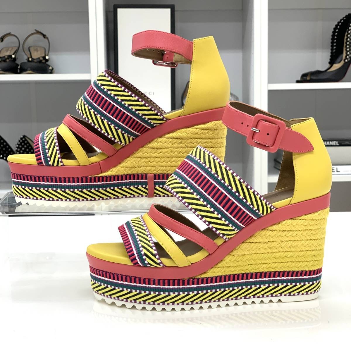 HERMES Leather x Fabric Wedge Sandals Multicolor Size EU 37 Women's thumbnail 20