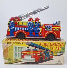Vintage Fire Engine Tin Toy Friction Powered Car Japan Made w/ Box Ladder F.D.