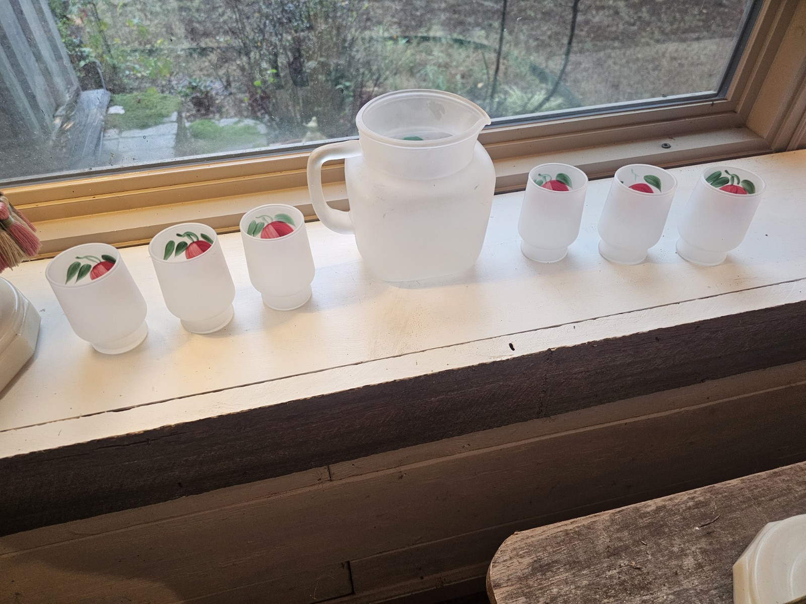 Hazel Atlas VTG Frosted Pitcher with 6 Glasses Apple Juice Set Star Bottom EUC!!