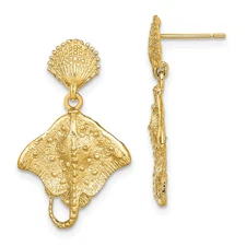 14k Yellow Gold Shell and Stingray Dangle Earrings
