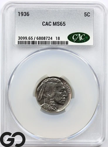 1936 Buffalo Nickel CAC MS 65 ** Premium Quality, Blast White!