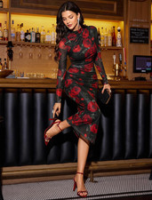 Women's Sheer Rose Floral Midi Dress Long Sleeve Bodycon For Party, Wedding