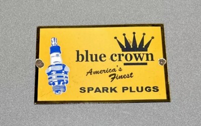 VINTAGE 12” BLUE CROWN SPARK PLUG PORCELAIN SIGN GAS OIL CAR TRUCK ...