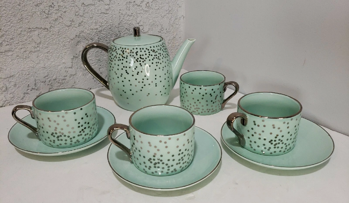 Teavana Teapot With 4 Cups And 3 Saucers 2017 Teal Mint Glitter Drop